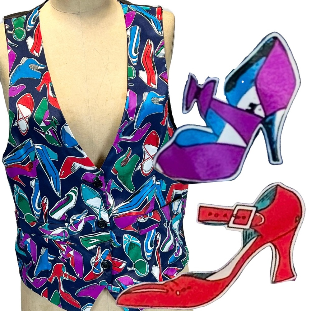 VINTAGE 80s fashionista shoe lover suit vest sleeveless‎ button front maximalist